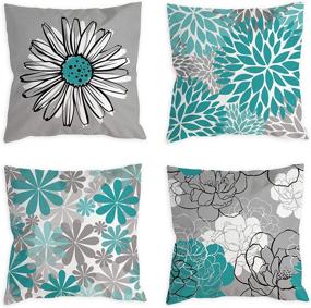 img 4 attached to 🌼 COLORPAPA Teal Pillow Covers 18x18 Set of 4: Turquoise and Grey Modern Daisy Decorative Throw Pillow Covers for Couch, Living Room, Bed, or Outdoor Home Decor