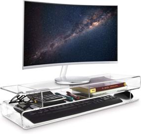 img 4 attached to 🖥️ Ikee Design Acrylic Monitor Storage Riser Stand - Organize Your Study Room or Office Efficiently with Clear Acrylic Monitor Display and 3-Spacious Compartments - 23”W x 7.4”D x 4.5”H