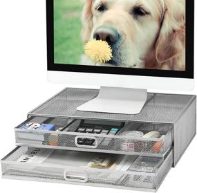 img 4 attached to 🖥️ Metal Mesh Monitor Stand Riser with Dual Pull Out Storage Drawer - Desk Organizer for Computer, PC, Laptop, Printer, Notebook, iMac - Silver
