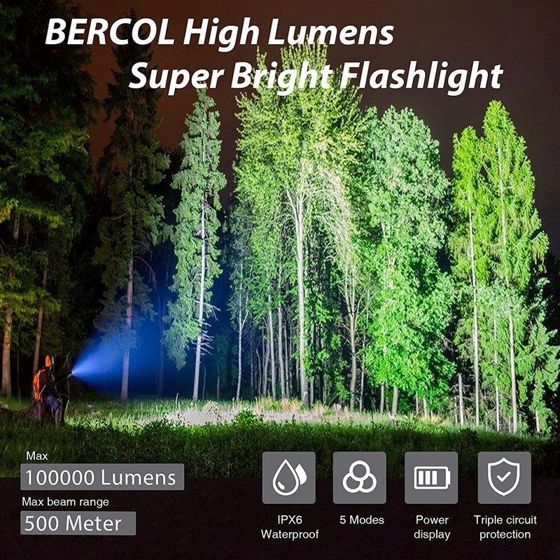 BERCOL Rechargeable LED Flashlights High Lumens, 100000 Lumens Super Bright  Powerful Flashlights, 5 Modes, Waterproof Flashlight for Emergencies,  Hiking Black