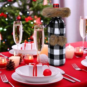 img 2 attached to 🎅 Charming Buffalo Plaid Faux Fur Sweater Wine Bottle Covers for Christmas Dinner Party – Set of 8 (Black and White)