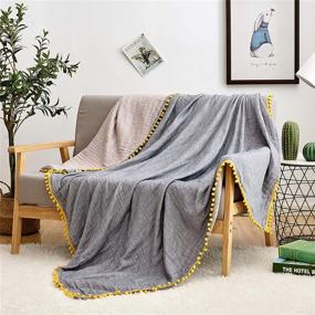 img 3 attached to 🛋️ ECRISDOO Muslin Pompom Throw Blanket: Lightweight and Breathable 4-Layer Pre-Washed Blanket for All Seasons - Perfect for Couch, Sofa, Adults & Kids - Gray with Yellow Pompom - 60"x80