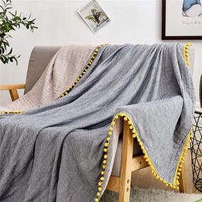 img 1 attached to 🛋️ ECRISDOO Muslin Pompom Throw Blanket: Lightweight and Breathable 4-Layer Pre-Washed Blanket for All Seasons - Perfect for Couch, Sofa, Adults & Kids - Gray with Yellow Pompom - 60"x80