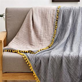 img 2 attached to 🛋️ ECRISDOO Muslin Pompom Throw Blanket: Lightweight and Breathable 4-Layer Pre-Washed Blanket for All Seasons - Perfect for Couch, Sofa, Adults & Kids - Gray with Yellow Pompom - 60"x80