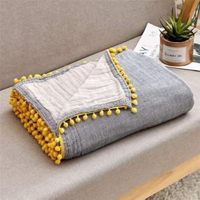 img 4 attached to 🛋️ ECRISDOO Muslin Pompom Throw Blanket: Lightweight and Breathable 4-Layer Pre-Washed Blanket for All Seasons - Perfect for Couch, Sofa, Adults & Kids - Gray with Yellow Pompom - 60"x80