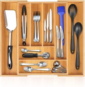 img 3 attached to 🗄️ Premium Bamboo Expandable Drawer Organizer with Adjustable Cutlery Tray and Utensil Holder - Wood Drawer Divider by RoyalHouse