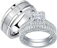 💍 newshe his and hers wedding ring set - women's princess cz sterling silver band, men's tungsten band 5-13 logo