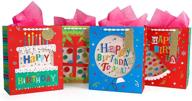 🎁 birthday gift bags with handles - pack of 4, medium size 10" x 5" x 12" with transparent window design, happy birthday party favor bags for boys, girls, women, men - including tissue paper logo