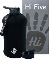 hi five 2.2 l motivational leakproof bpa free tritan water bottle with two lids, neoprene sleeve, time marker - ideal for sports, fitness, gym, outdoors (black) logo