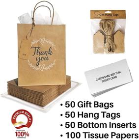 img 1 attached to 🛍️ Large Kraft Brown Paper Gift Bags with Handles - 50pc Bulk Set, includes Cardboard Bottom, Hang Tags, Tissue Paper - Perfect for Retail Business, Party Favors, Wrapping Presents - 10x8x4.75 Inches