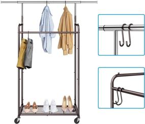 img 3 attached to 👕 Efficient Double Rod Clothes Garment Rack on Wheels, with 4 Hooks for Hanging, Bronze