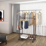 👕 efficient double rod clothes garment rack on wheels, with 4 hooks for hanging, bronze логотип