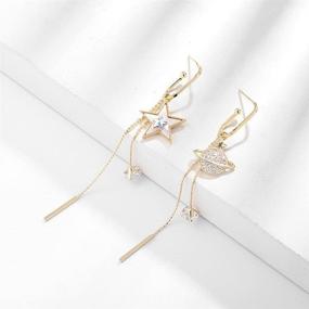 img 3 attached to Seakuur Long Chain Star Asymmetric Earrings: Stellar Asymmetrical Studs with Crystal Accents for Women & Girls