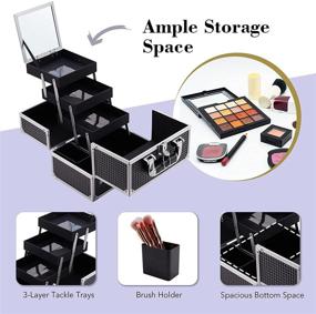 img 3 attached to Costravio Shiny Black Portable Makeup Train Case, with Mirror & Brush Holder, Lockable Cosmetic Organizer Case with 3-Tier Trays, Ideal for Travel and Home Use, Easy to Clean