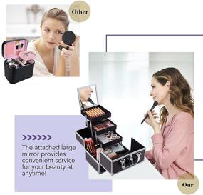 img 1 attached to Costravio Shiny Black Portable Makeup Train Case, with Mirror & Brush Holder, Lockable Cosmetic Organizer Case with 3-Tier Trays, Ideal for Travel and Home Use, Easy to Clean