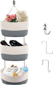 img 4 attached to 📦 Honizer Over the Door Organizer: 3-Tier Cotton Rope Woven Hanging Baskets for Organizing, Nursery, Bedroom, Bathroom, Living Room - Grey & White (3 Hooks included)