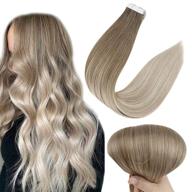 balayage tape-in hair extensions: color 8 ash brown fade to 60 highlighted 18 ash blonde. glue-in hair extensions: seamless pu tape hair, 12 inches, 30 grams. logo