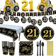 🥳 trgowaul black and gold 21st birthday party supplies - disposable paper plates, napkins, cups, tablecover forks, knives and spoons for 24 guests with party number balloon decorations and banner logo