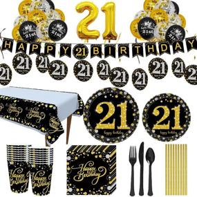 img 4 attached to 🥳 Trgowaul Black and Gold 21st Birthday Party Supplies - Disposable Paper Plates, Napkins, Cups, Tablecover Forks, Knives and Spoons for 24 Guests with Party Number Balloon Decorations and Banner