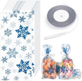 img 4 attached to 🎄 Christmas Themed Party Supplies: 100-Piece Blue Snowflake Cellophane Treat Bags with Ribbon and Candy Favors
