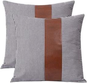 img 4 attached to 🌾 YUESUO 2pcs Farmhouse Decorative Throw Pillow Covers for Couch with Stripe Faux Leather - Boho Modern Home Decor Pillow Case (18 x 18 Inches)