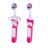 🐻 mam learn to brush set: baby toothbrush set with brushy the bear, interactive app - blue, ideal for girls 5+ months logo