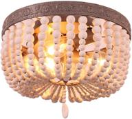 newrays boho beachy ceiling lamp: rustic wood bead chandelier flush mount - adjustable height, 3-light fixture for bedroom, entryway, kitchen island logo