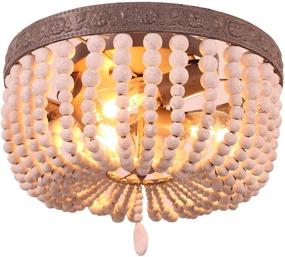 img 4 attached to Newrays Boho Beachy Ceiling Lamp: Rustic Wood Bead Chandelier Flush Mount - Adjustable Height, 3-Light Fixture for Bedroom, Entryway, Kitchen Island