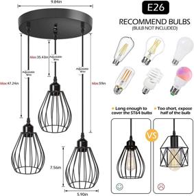 img 2 attached to Adjustable 3-Light Industrial Pendant Lighting Fixture with Metal Cage, Black Farmhouse Ceiling Light Cluster Pendant for Kitchen Island, Dining Room, Bedroom, or Entryway, E26 Base