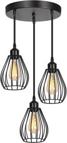 img 3 attached to Adjustable 3-Light Industrial Pendant Lighting Fixture with Metal Cage, Black Farmhouse Ceiling Light Cluster Pendant for Kitchen Island, Dining Room, Bedroom, or Entryway, E26 Base