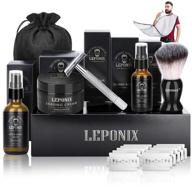 🧔 complete men's shaving kit: safety razor, sandalwood shaving cream, aftershave, pre-shave oil, brush, apron bib - great gifts for him! logo