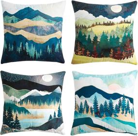 img 4 attached to 🌳 HEYHOUSENNY Woodland Boho Mountains Watercolour Throw Pillow Covers Tree Bright Cushion Covers - Set of 4, Square Outdoor Pillowcase for Sofa