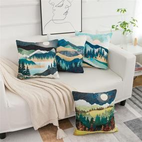 img 3 attached to 🌳 HEYHOUSENNY Woodland Boho Mountains Watercolour Throw Pillow Covers Tree Bright Cushion Covers - Set of 4, Square Outdoor Pillowcase for Sofa