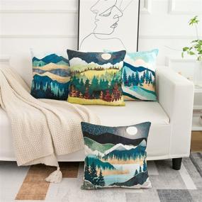 img 2 attached to 🌳 HEYHOUSENNY Woodland Boho Mountains Watercolour Throw Pillow Covers Tree Bright Cushion Covers - Set of 4, Square Outdoor Pillowcase for Sofa