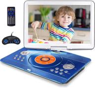 portable dvd player - 16.9&#34; screen, 5 hrs battery, car charger - ideal for kids, sync tv, usb & sd card support (blue) logo