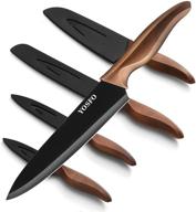 5 piece stainless steel kitchen knife set with sheath covers - titanium plated chef knives for kitchen, black logo