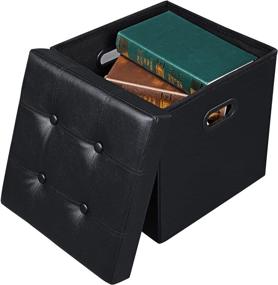 img 3 attached to SONGMICS 15-Inch Folding Storage Ottoman: Cube Footrest, Coffee Table with Hole Handles - Premium Faux Leather, Black ULSF30B