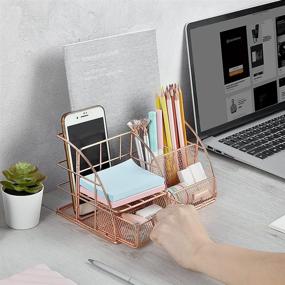 img 2 attached to 🌸 Rose Gold Desk Organizer for Women, AUPSEN Mesh Office Supplies Desk Accessories, 5 Compartments + 1 Mini Sliding Drawer