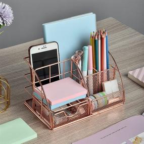 img 1 attached to 🌸 Rose Gold Desk Organizer for Women, AUPSEN Mesh Office Supplies Desk Accessories, 5 Compartments + 1 Mini Sliding Drawer