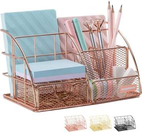 img 4 attached to 🌸 Rose Gold Desk Organizer for Women, AUPSEN Mesh Office Supplies Desk Accessories, 5 Compartments + 1 Mini Sliding Drawer