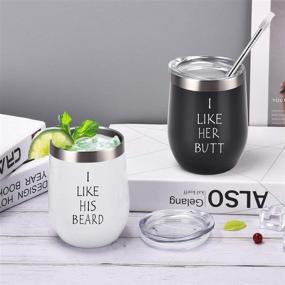 img 3 attached to 🍷 I Like His Beard, I Like Her Couples Wine Tumbler Set: Funny Wedding Engagement Gifts for Husband Wife - 12 Oz Stainless Steel Wine Tumblers