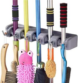 img 1 attached to 🧹 Mop Broom Holder with 6 Hooks for Kitchen, Garden, Garage, Laundry Offices - Wall Mounted Commercial Organizer for Saving Space and Storage Rack - 5 Position
