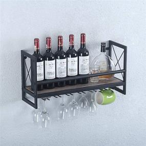 img 4 attached to 🍷 Rustic Wall Mounted Wine Racks with Stemware Holders - Womio 24in, Industrial Metal Hanging Wine Holder, Bottle Holder with 7 Stem Glass Holders, Distressed Metal & Wood Wall Shelf