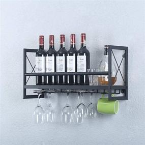 img 2 attached to 🍷 Rustic Wall Mounted Wine Racks with Stemware Holders - Womio 24in, Industrial Metal Hanging Wine Holder, Bottle Holder with 7 Stem Glass Holders, Distressed Metal & Wood Wall Shelf