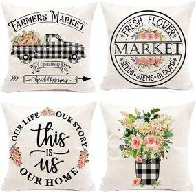 img 4 attached to 🌼 Set of 4 Hexagram Floral Farmhouse Pillow Covers 18x18 - Buffalo Plaid Spring, Farmhouse Truck with Flower Decorative Summer Throw Pillow Covers - Outdoor Home Decor