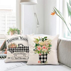 img 1 attached to 🌼 Set of 4 Hexagram Floral Farmhouse Pillow Covers 18x18 - Buffalo Plaid Spring, Farmhouse Truck with Flower Decorative Summer Throw Pillow Covers - Outdoor Home Decor