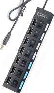 black 7-port usb hub 2.0 with on/off switches, led indicators - ideal for laptop, computer, pc, keyboard, mouse, flash drive & more logo