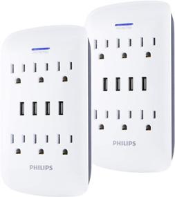 img 4 attached to Philips 6-Outlet Extender with 4-USB Port Surge Protector, 2 Pack for Efficient Charging and Power Protection