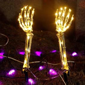 img 4 attached to LJLNION Halloween Decorations: 2 Pack Lighted Skeleton Arm Stakes with 40 LED Warm White Lights - Waterproof Battery Operated, Timer Included - Perfect for Holiday Parties, Home, Yard, Indoor & Outdoor