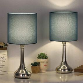 img 4 attached to 🛋️ Set of 2 Modern Brushed Nickel Bedside Table Lamps with Blue Fabric Shades for Living Room, Bedroom, and Office